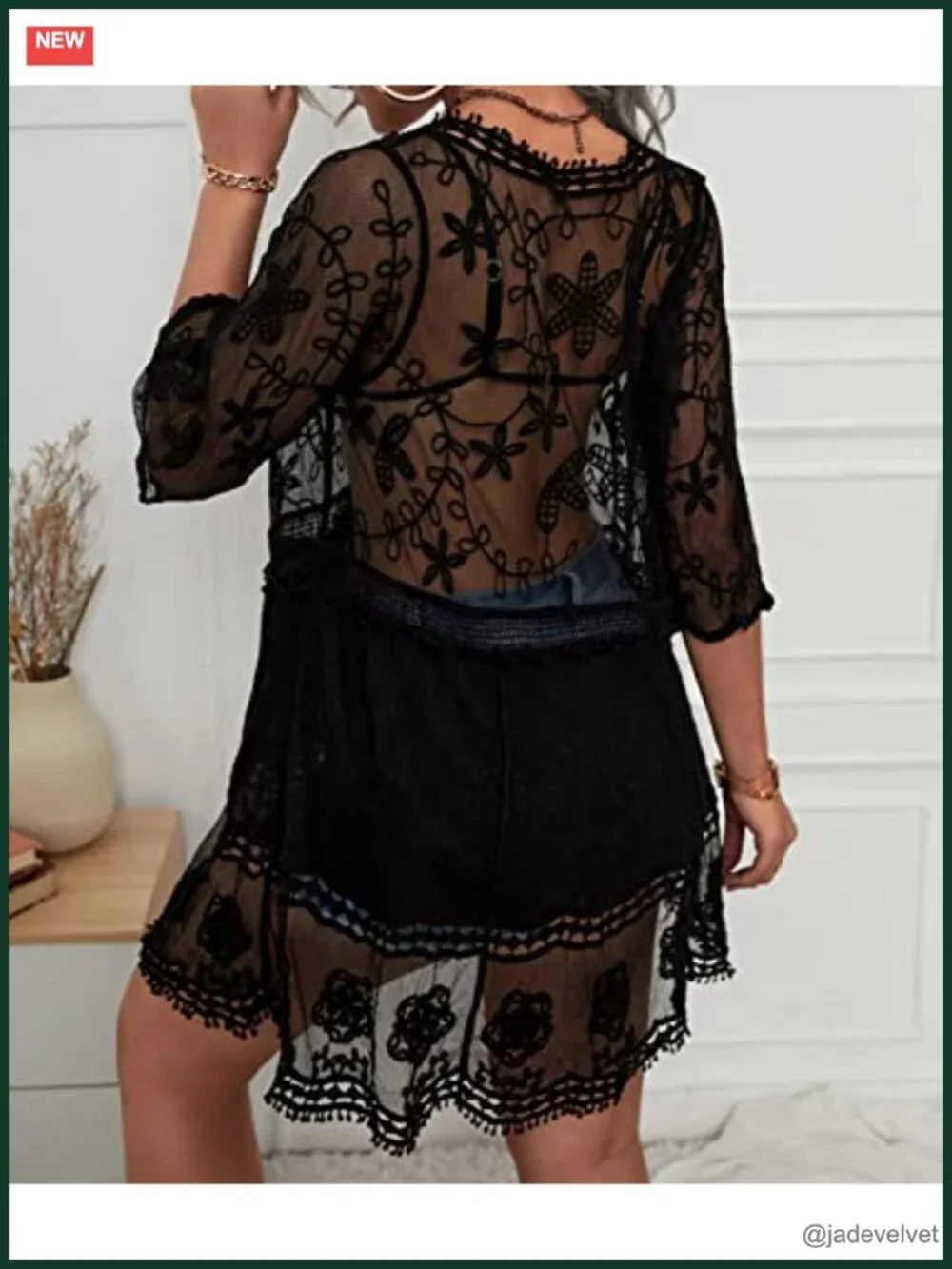 Women's Contrast Lace V-Neck Swimsuit Cover Up Beach Dress Loose Fit 3/4 Sleeve